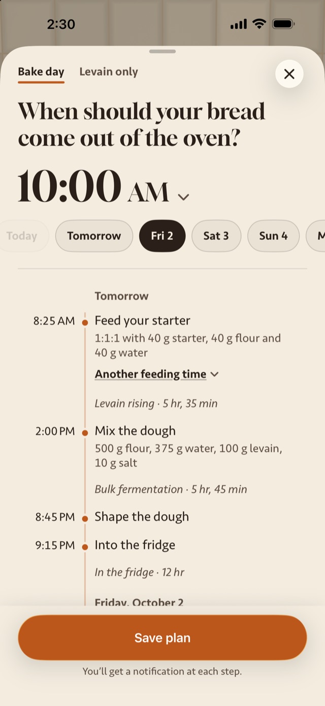Sourpeak's bake day planner: bread out of the oven at 10:00 AM, with each step timed backward.